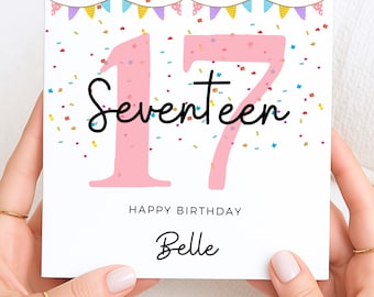 17th Birthday Card for Girl With Bunting, Pink Number Seventeen Birthday Card For Niece, Granddaughter 17, Personalised Card for Her