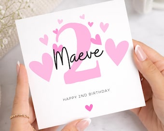 Personalised 2nd Birthday Card Girl, Pink Heart Age 2 Card, 2nd Birthday Gift, Daughter, Granddaughter, Niece, Cute Second Birthday