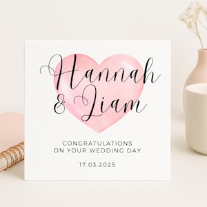 Félicitations pour votre mariage, motif coeur aquarelle rose, noms et date personnalisés, carte minimaliste élégante pour couple