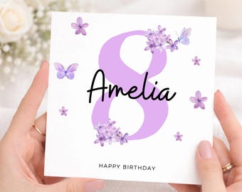 8th Birthday Card For Girl, Cute Purple Flowers Eighth Birthday Card, 8th Birthday Gift Niece, Granddaughter, Daughter