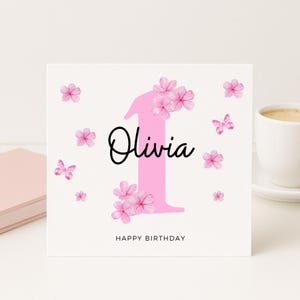 Cartão personalizado de 1º aniversário, cartão de borboleta com flores rosa, cartão de aniversário para menina, cartão com nome personalizado, cartão de primeiro aniversário para ela