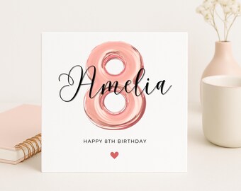 Tarjeta De Cumpleaños Número 8 Para Nieta, 8 Años, Diseño De Globos, Flores Y Corazones, Acabados