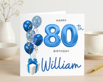 80th Birthday Card For Him, Blue Balloon 80 Card