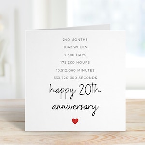 Kaart 20e verjaardag voor man of vrouw, kaart 20 jaar samen liefde, bruiloft mijlpaal romantische kaart, tijdtelling cadeau