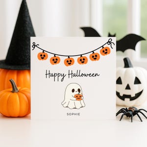 Jolie carte d&#39;Halloween pour les enfants, carte fantôme effrayant avec citrouilles, carte d&#39;Halloween adaptée aux enfants, carte de voeux amusante, des bonbons ou un sort
