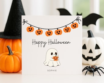 パーソナライズされたハロウィンカード、ゴーストパンプキングリーティング、カスタム名入れハロウィンギフト