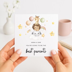 Bonita tarjeta para nuevos padres: Serán los mejores padres, diseño de animales de la selva, nombres personalizados, regalo para anunciar el embarazo.
