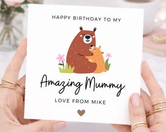 Birthday Card for Mummy from Son or Daughter, Cute Bear and Baby Card, Mummy Birthday Gift from Kids