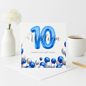 Biglietto di auguri personalizzato per il decimo compleanno di un bambino, biglietto con palloncino blu personalizzato, biglietto di auguri con l'età, biglietto di auguri per figlio e nipote