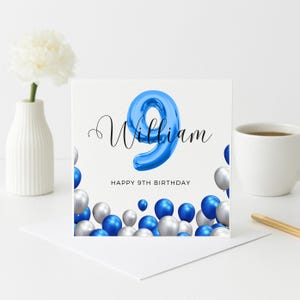 Gepersonaliseerde 9e verjaardagskaart voor jongen, aangepaste naam blauwe ballonkaart, gelukkige verjaardagskaart met leeftijd, verjaardagskaart voor zoon, kleinzoon, petekind