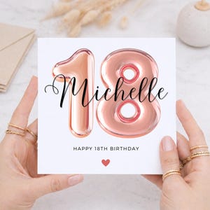 18th Birthday Card, Personalised Name, Rose Gold Balloon Age, Daughter, Granddaughter, Sister, Niece, Friend