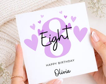 8th Birthday Card for Girl, Personalised Age 8 Card, Purple Heart Birthday Card