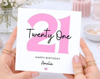 21st Birthday Card for Her, Personalised Twenty First Birthday Card, Pink 21 Card