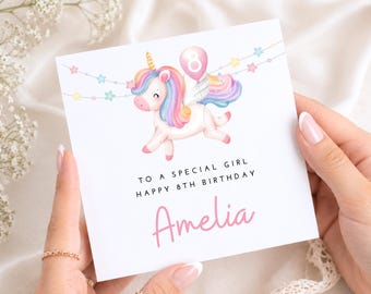 8th Birthday Card for Girl, Unicorn Birthday Gift, Daughter, Granddaughter, Niece, Rainbow Pony Card From Mum, Auntie, Age 8 Gift