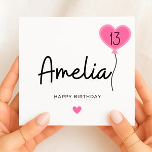 女の子向け13歳の誕生日カード、名前入りのパーソナライズ誕生日カード、かわいいピンクの風船付き13歳の誕生日カード、カスタムハッピーバースデー