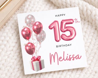 Gepersonaliseerde 15e verjaardagskaart, roze ballonnen, 15e verjaardagskaart voor haar, nichtje, neef, dochter