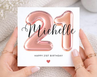 21st Birthday Card for Her, Personalised Pink Balloon Card, Custom Name Birthday Card for Daughter, Sister, Friend, 21 Year Old Gift