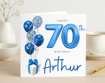 Personalized 70th Birthday Card for Him - Blue Balloons & Gift