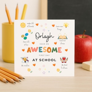 Carte de rentrée des classes, design coloré et amusant, option de nom personnalisé, message encourageant pour les enfants, cadeau parfait pour la rentrée