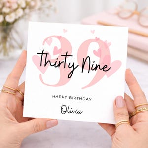 Tarjeta de cumpleaños número 39, tarjeta de corazón rosa, tarjeta de cumpleaños de 39 años, tarjeta personalizada con nombre, para ella, esposa, novia, hermana, amiga.