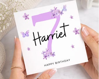 7th Birthday Card For Girl, Personalised Card With Name And Lilac Flowers, Purple Butterfly Design, Cute Card For 7 Year Old Girl