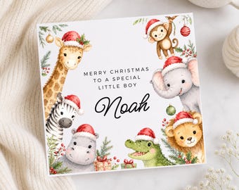 Biglietto di auguri natalizio con animali della savana, biglietto di auguri speciale per un bambino, regalo di Natale con simpatici animali della giungla, per figlio, nipote, nipote acquisito, primo Natale di un bambino.