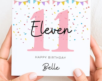 Personalized 11th Birthday Card, Eleven Year Old, Girl, Custom Name