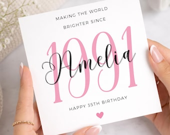 Personalised 35th Birthday Card Pink, Born in 1991 Card for Her, Custom Name Age 35 Card, Daughter, Friend, Sister Birthday Gift