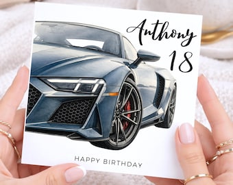 18th Birthday Card, Blue Sports Car, Personalised Name Card for Son, Grandson, Brother, Boyfriend, 18 Year Old Gift
