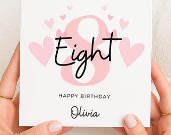 Carte de 8e anniversaire pour fille, carte de 8e anniversaire pour fille, jolie carte de huitième anniversaire rose, cadeau de 8e anniversaire nièce, petite-fille