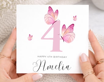 4th Birthday Card for Girl, Personalised 4th Birthday Card, Butterfly Birthday Card, Pink Birthday Card