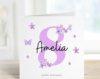 Carte de 8e anniversaire pour fille, carte de 8e anniversaire pour fille, jolie carte de huitième anniversaire violette, cadeau de 8e anniversaire nièce, petite-fille