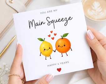4th Anniversary Card For Husband, Wife, Main Squeeze Orange Card, Funny Fruit Anniversary Gift