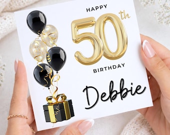 Personalised 50th Birthday Card, Black and Gold Balloons, Custom Name Card for Him, Her, Husband, Wife, Friend