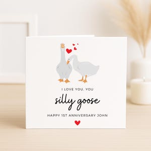 Tarjeta divertida para el primer aniversario, tarjeta de amor de ganso, tarjeta de animalito para él, tarjeta personalizada de "Te amo", tarjeta divertida para esposo o esposa