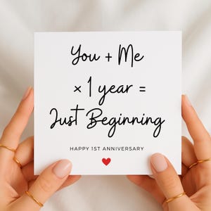 Tú + Yo × 1 año = Recién comenzando, Tarjeta de 1er Aniversario para Esposo o Esposa, 1er Aniversario, Papel, Tarjeta de 1er Aniversario