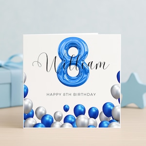 Gepersonaliseerde 8e verjaardagskaart voor jongen, aangepaste naam blauwe ballonkaart, gelukkige verjaardagskaart met leeftijd, verjaardagskaart voor zoon, kleinzoon, petekind