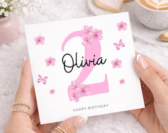 Personalised 2nd Birthday Card, Pink Floral Butterfly Card, Baby Girl Birthday Card, 2nd Bday Gift, Second Birthday Card For Her