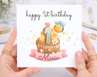 1st Birthday Card for Baby Girl, Personalised First Birthday Card, Age One Birthday Card