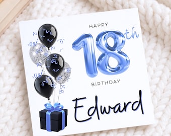 18th Birthday Card Blue Balloons Gift Box, Personalised Name Age 18 Card, Son, Brother Grandson, Nephew, Teen Boy 18 Birthday Keepsake Card