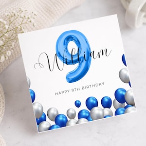 Personalised 9th Birthday Card for Boy, Custom Name Blue Balloon Card, Happy Birthday Card with Age, Birthday Card For Son, Grandson, Godson