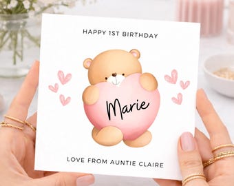 Biglietto di auguri per il primo compleanno di una bambina, biglietto personalizzato per neonata con orsetto e cuore rosa