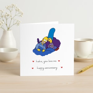 Tarjeta de aniversario divertida para él o ella / "Jaja, me amas" al estilo Simpson / Tarjeta sarcástica para novio, novia, esposo o esposa