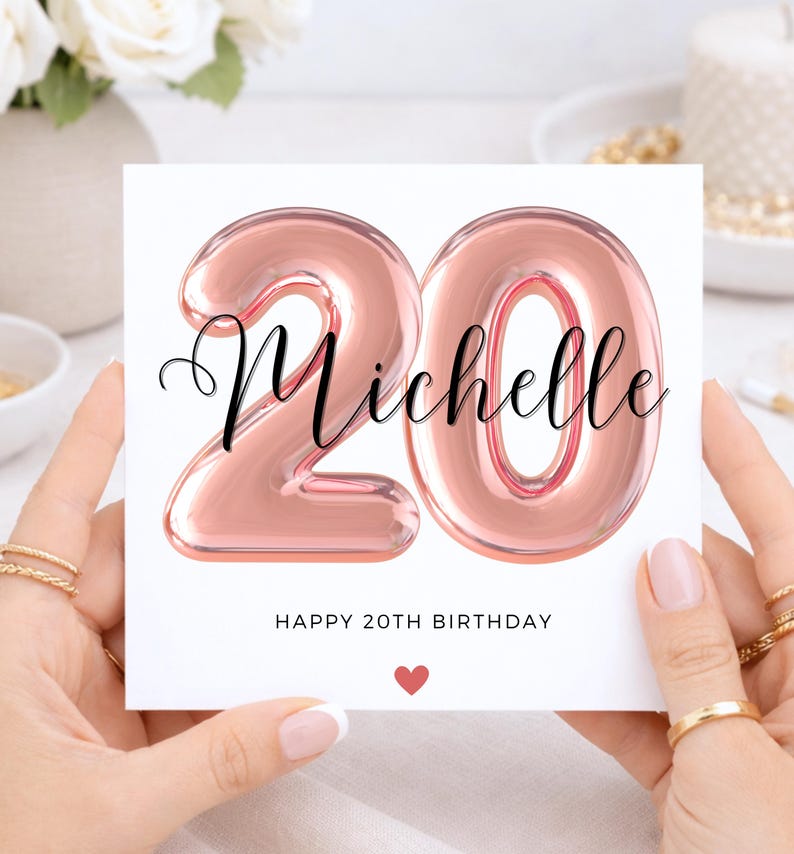 20th Birthday Card for Her, Personalised Pink Balloon Card, Custom Name ...