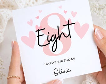 8th Birthday Card For Girl, Cute Pink Eighth Birthday Card, Gift Niece, Granddaughter, Daughter, 8th Birthday Gift For Her