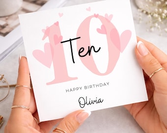 Personalised 10th Birthday Card, Girl Birthday, Ten Today, Custom Name