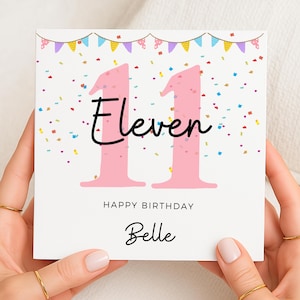 11th Birthday Card for Girl with Bunting, Pink Number Eleven Birthday Card for Daughter, Niece, Granddaughter, Personalised Card for Her