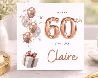 Personalized 60th Birthday Card, Rose Gold, For Her