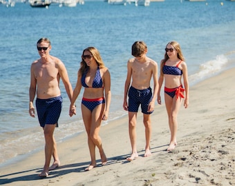 Matching Family Swimsuits, Nautical Anchor Print, Red White Blue, Couples Mom Dad Kids, 4th of July Cruise Beach Vacation