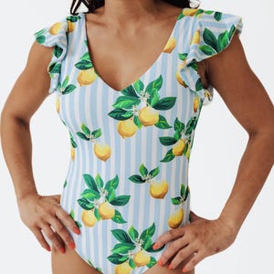 Womens Lemon One Piece Swimsuit | Amalfi Coast Ruffle Bathing Suit | Matching Family Swimwear | Modest Cruise Swim for Moms